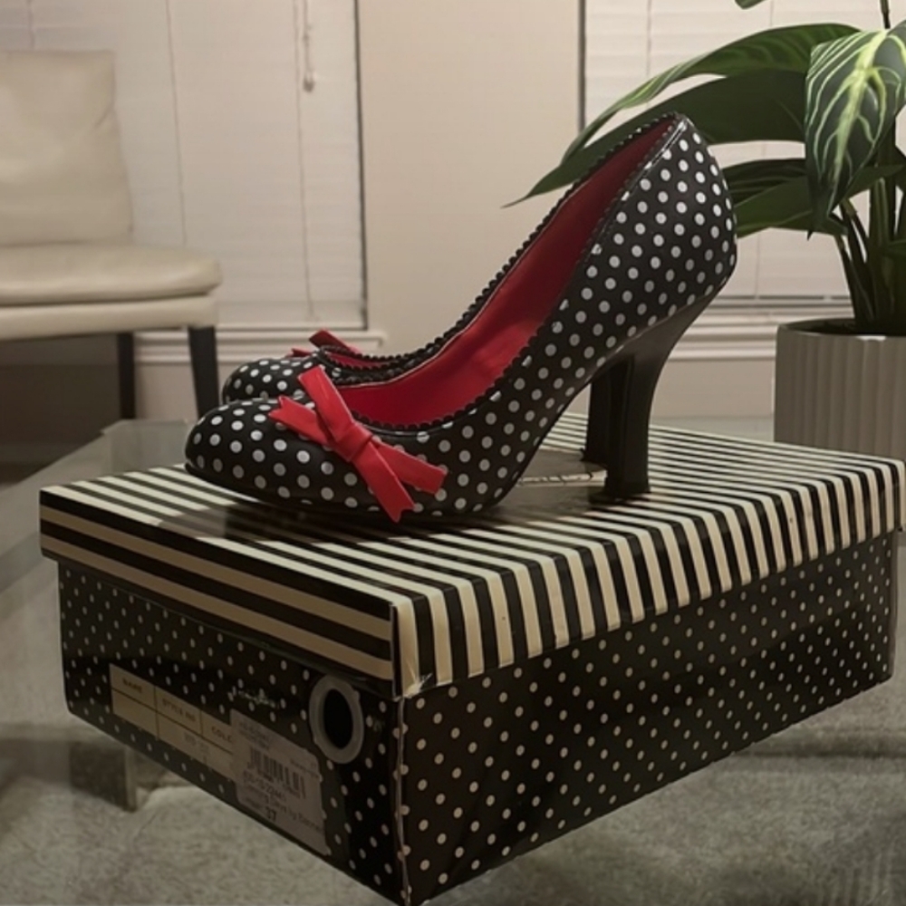 Dancing Days by Banned Apparel 60s Style Heels with Polka Dot and Red Bow